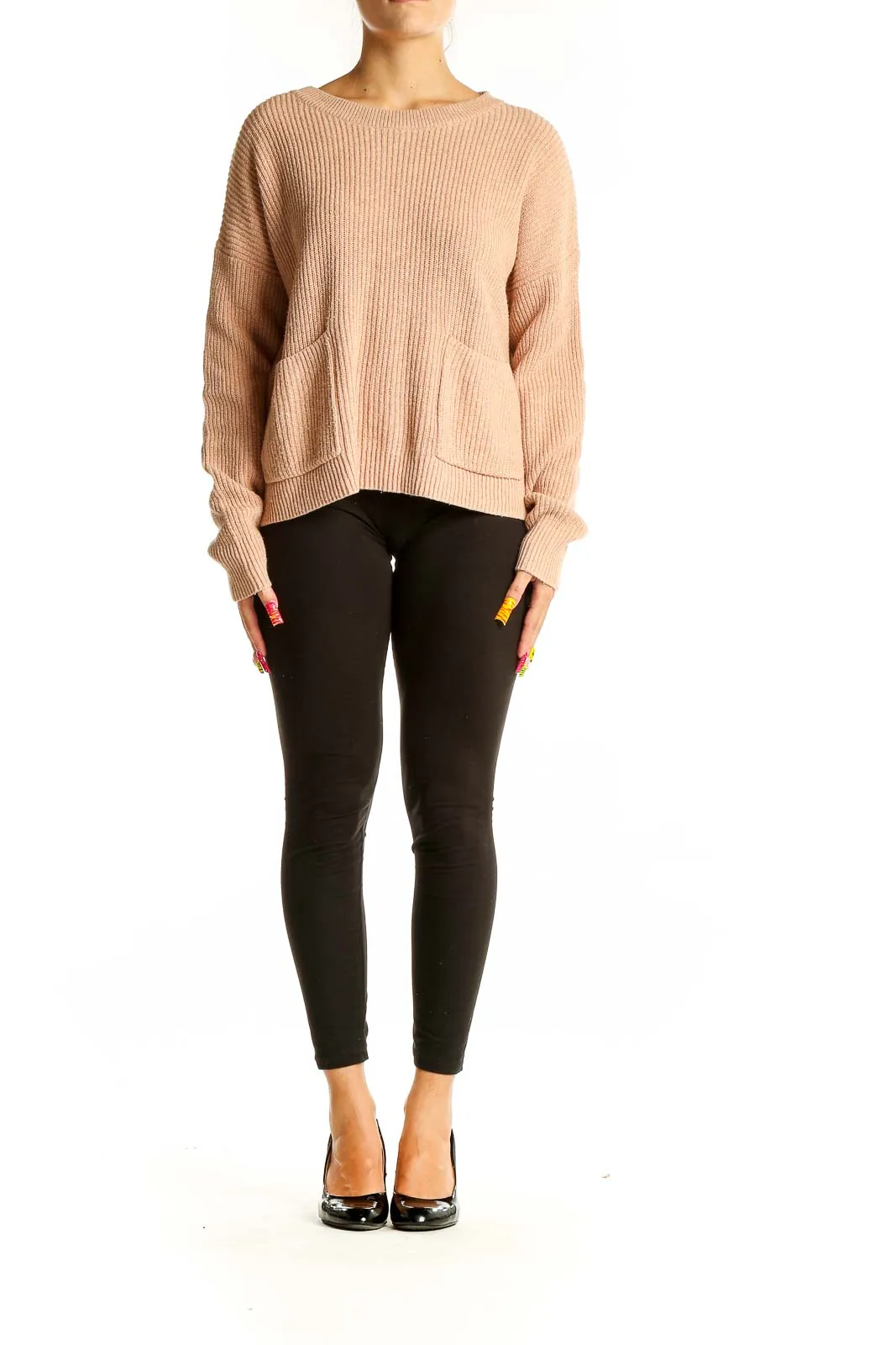 Beige Ribbed Knit Sweater with Pockets