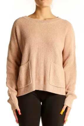 Beige Ribbed Knit Sweater with Pockets