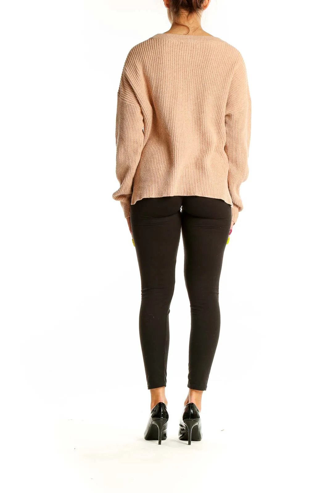 Beige Ribbed Knit Sweater with Pockets