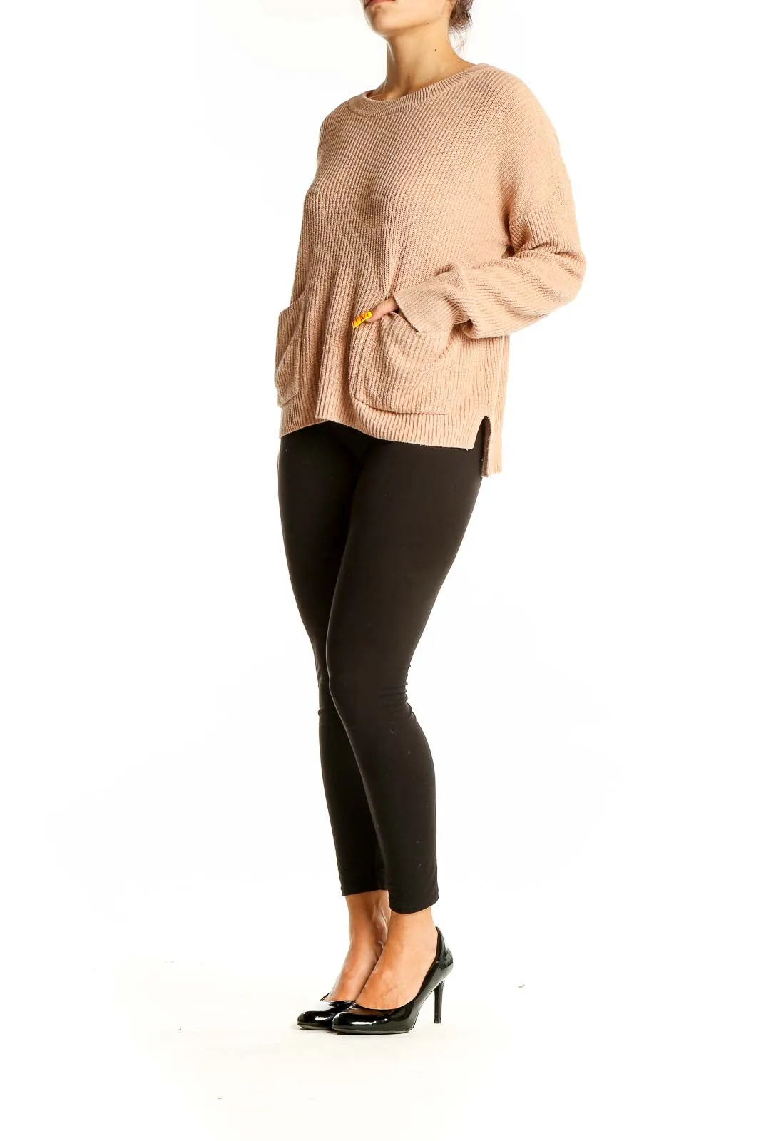 Beige Ribbed Knit Sweater with Pockets