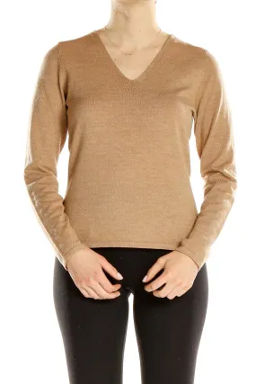 Camel V-Neck Long Sleeve Knit Sweater