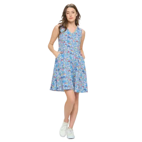 Colorful Mushroom Print V Neck Dress -Blue