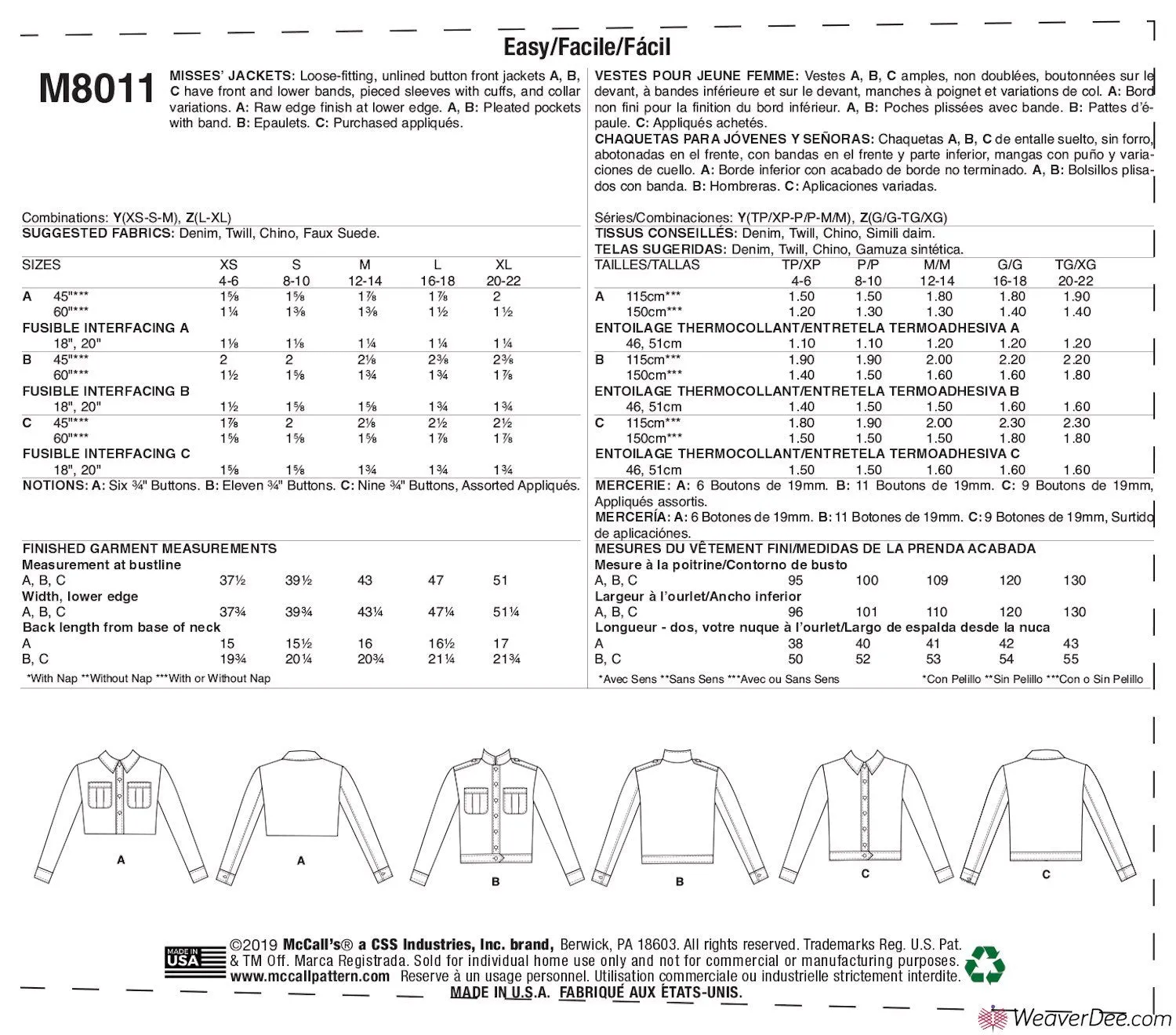 McCall's Pattern M8011 Misses' Jackets