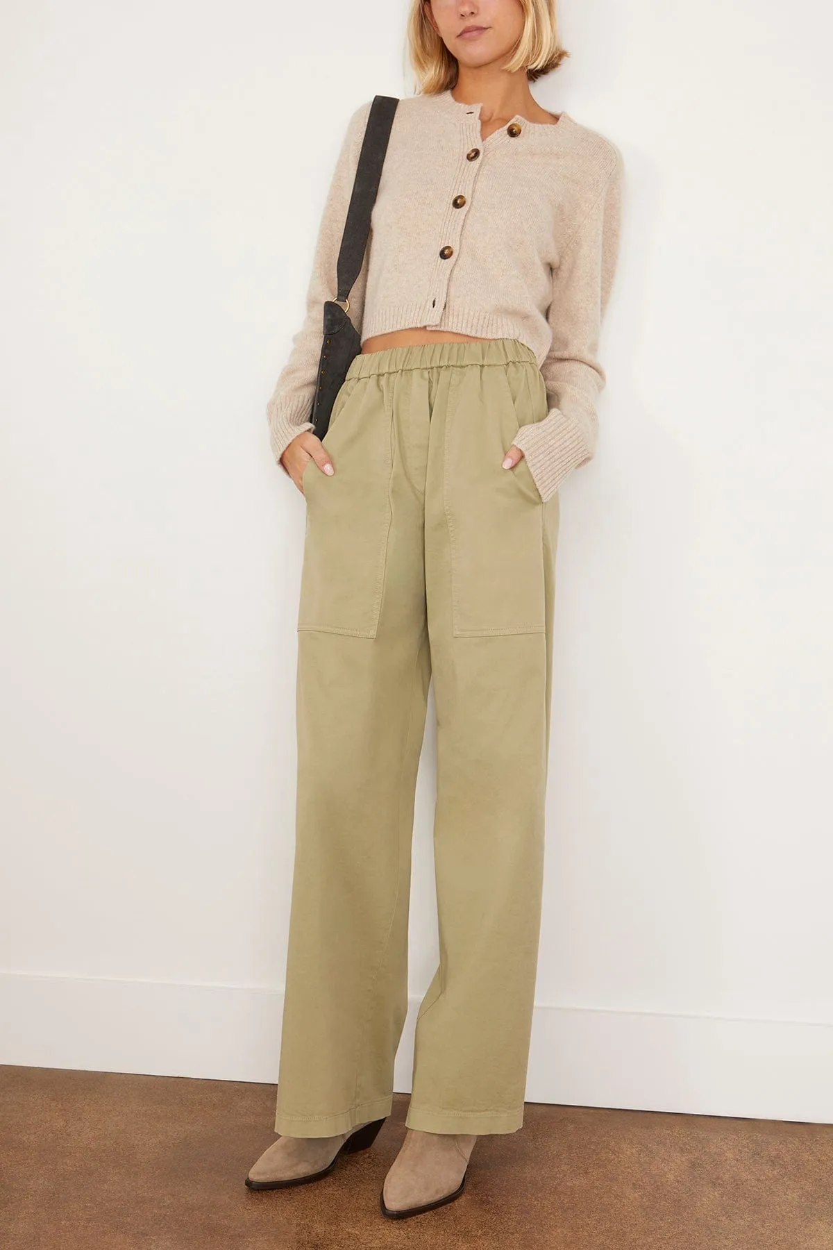 Peached Cotton Twill Palazzo Cargo Pants in Olive