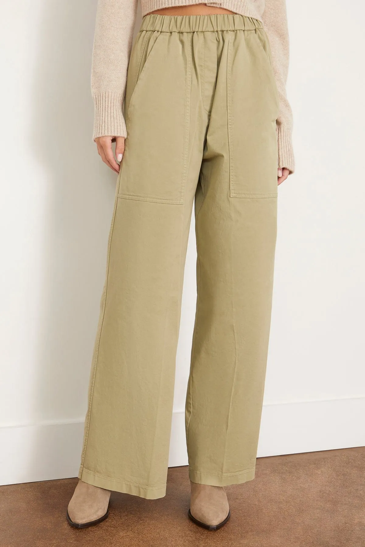 Peached Cotton Twill Palazzo Cargo Pants in Olive