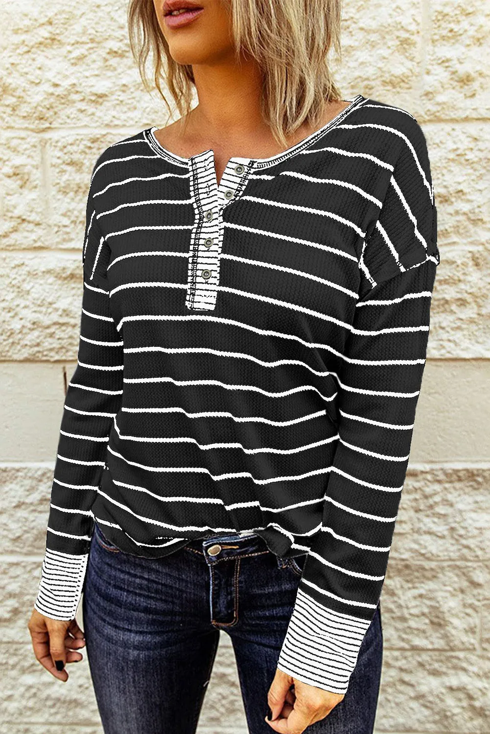 Striped Waffle Knit Henley Long Sleeve Top