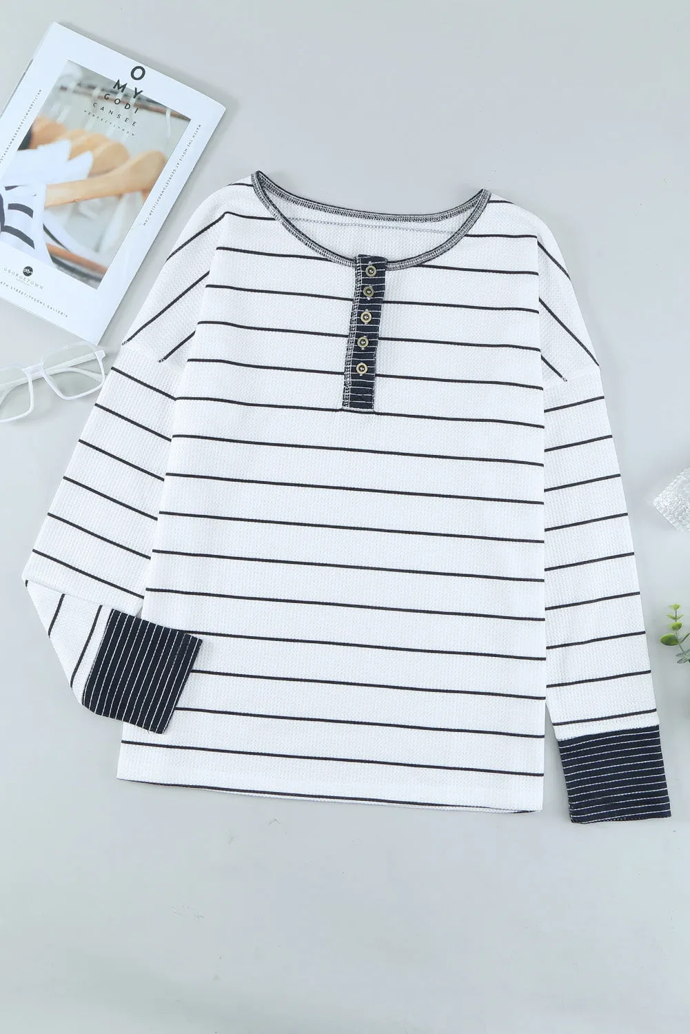 Striped Waffle Knit Henley Long Sleeve Top